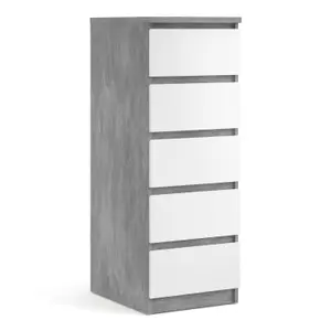 Naia Narrow Chest of 5 Drawers in Concrete and White High Gloss