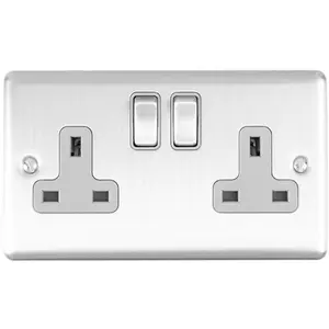 3 PACK 2 Gang Double UK Plug Socket SATIN STEEL & Grey 13A Switched Outlet