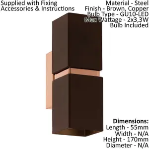 2 PACK Wall Light Colour Copper Coloured Steel Brown Square Shade GU10 2x3.3W