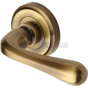 Diamond Heritage Door Handle Lever Latch on Round Rose Charlbury Design (Set of 2) Antique Brass