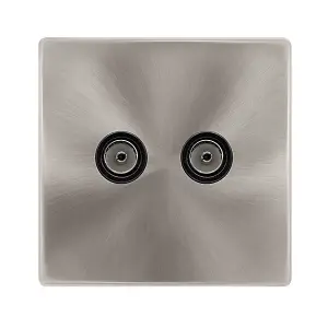 Brushed Steel Screwless Plate 2 Gang Twin Coaxial TV Socket - Black Trim - SE Home