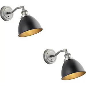 2 PACK Indoor Aged Pewter Plate Adjustable Wall Light - Matt Black Paint Shade - Dimmable 7W LED E14