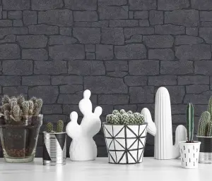 Erismann Imitations 2 Faux Glitter Brick Wall Stone Wallpaper Charcoal Black 10091-15