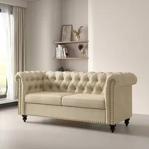 MCC Direct Large 2 seater Chesterfield Style Button back Sofa/Couch Linen Fabric Settee Beige - Victoria