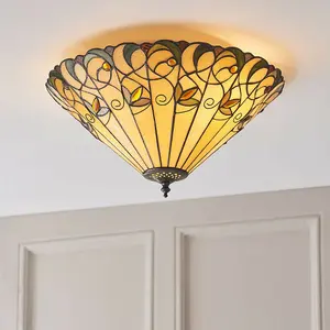 Tiffany Glass Semi Flush Ceiling Light Amber Floral Inverted Round Shade i00050