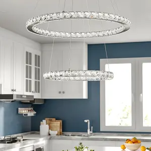 Modern 2 Tier Circular Adjustable Crystal Ceiling Mount LED Pendant Light 60cm Cool White