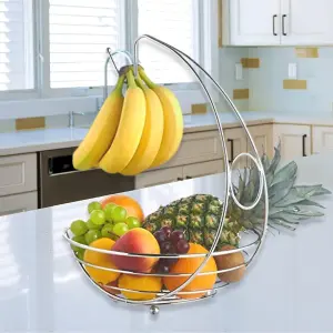 2 in 1 Kitchen Storage Fruit Bowl & Banana Hanger Chrome Metal Finish Modern