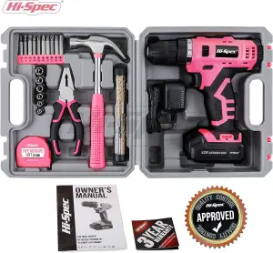 12V Pink Cordless Power Drill with Drill Bits and Screwdriver Hand Tool Set 30Pc