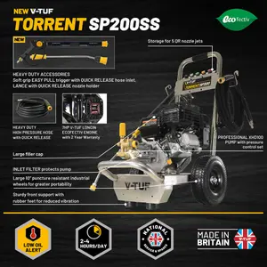 V-TUF TORRENT SP200 Industrial 7HP Petrol Pressure Washer - 2755psi, 190 Bar, 12L/min