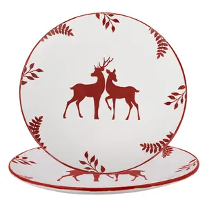 Set of 4 Cranberry Stag Christmas Tableware Serving Dish, Christmas Dinner Plates