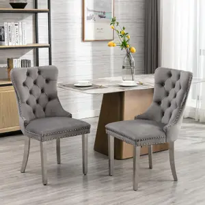 Set of 2 Grey Velvet Upholstered Dining Chairs with Steel Legs, Wing Back Home Office Bedroom Kitchen Chairs