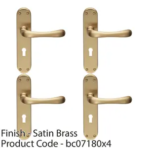 4 PACK - Rounded Smooth Latch & Lock Door Handle - Satin Brass Lever on Backplate