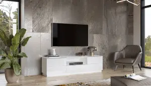 Elegant White Helio 40 TV Cabinet, Spacious Storage for 60" TVs, 2 Drop-Down Doors, Drawer & Open Shelf, H500mm W1800mm D480mm