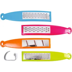 4x Colourful Food Graters with Non-Slip Feet - Flat Stainless Steel Grater and Zester Kitchen Accessory Set - 29cm x 5.5cm