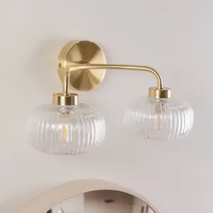 ValueLights Amaia Gold 2 Way Wall Light Ribbed Glass Shades IP44 - Set of 2