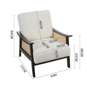 Accent Armchair with Wood Frame Upholstered Rattan Arms Chair in White