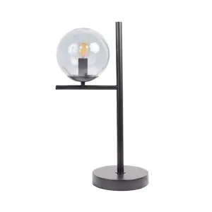 ValueLights Clarke Industrial Style Matt Black Metal Bedside Table Lamp with Smoked Glass Shade