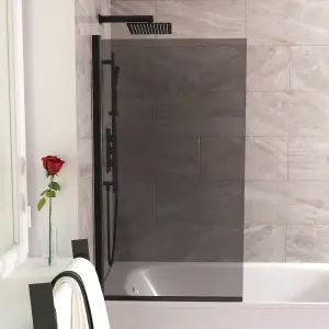 Nes Home 800mm Square Bath Screen Matt Black Profile Grey Tinted Glass Reversible  Sky