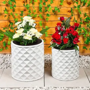 Set of 2 Large Handmade Round Plant Pots - Modern MgO Flower Planters with Geometric Texture Design and Drainage Hole