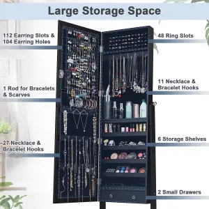 Costway 155cm Tall Jewelry Armoire Freestanding Jewelry Cabinet Lockable Jewelry Organizer w/ Mirror