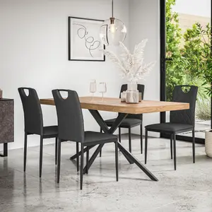 Donni Dining Table And Chairs -  Oak Effect Table Top w Black Legs + Monza Linen Dining Chair Set Of 6 (Charcoal)