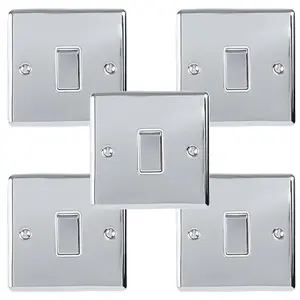 5 PACK 1 Gang Single Metal Light Switch POLISHED CHROME 2 Way 10A White Trim