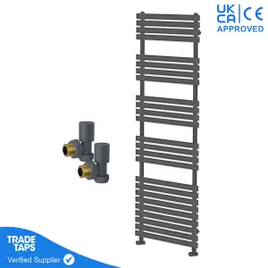 Designer Delta Anthracite Flat Panel Towel Radiator Heated Ladder Rail - 1742 x 500mm - Angled Manual Round Valve Pair