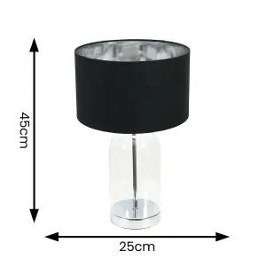 ValueLights Jessy Glass with Silver Trim Table Lamp with Black with Chrome Inner Lamp Shade and LED Bulb