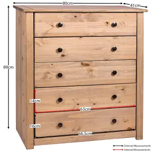 Vida Designs Panama 5 Drawer Chest Solid Pine (H)890mm (W)800mm (D)410mm