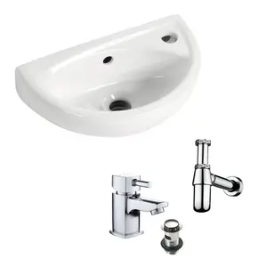 Small Compact Wall Hung Basin, Hero Mono Basin Mixer Tap, Waste & Round Bottle Trap (PK1)