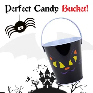 Halloween Sweets Bucket Trick or Treat Tin Halloween Candy Bucket, Cat Design