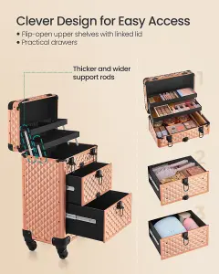 SONGMICS Beauty Case with 4 Removable Universal Wheels, Makeup Case, Rose Gold