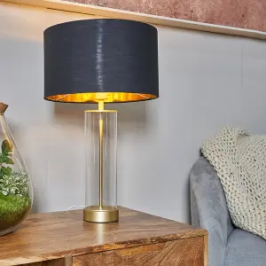 ValueLights Balan Matt Gold and Clear Tube Table Lamp with Black Gold Shade