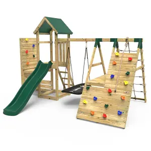 Rebo Wooden Climbing Frame with Vertical Rock Wall, Swing Set and Slide - Crestone+