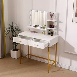 White Dressing Table Gold Legs Female Vanity Desk with LED Lights, Make Up Desk