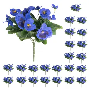 Blooming Artificial - 28cm / 1ft Blue Fake Pansy Bush Multi-Pack