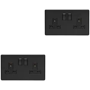 2 PACK 2 Gang Double DP 13A Switched UK Plug Socket SCREWLESS MATT BLACK Wall Power