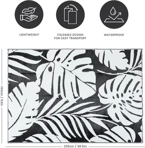 Large Garden Outdoor Rug For Patio, Black & White Tropical Leaf Waterproof Garden Rug 160 x 230cm