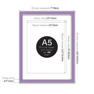 A5 Purple Picture Frame With Mount for A6 (10.5 x 14.8cm - 4.1 x 5.8in) Poster, Photo, Artwork, or Print.