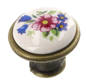 Multi coloured ceramic knobs drawer pull cupboard door knobs porcelain china Pink Flower Brass