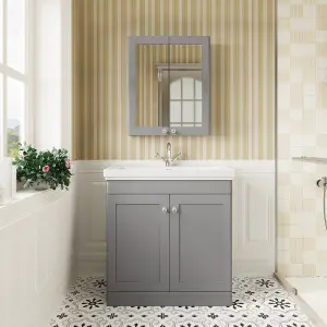 Traditional Floor Standing 2 Door Vanity Unit with 1 Tap Hole Fireclay Basin, 800mm - Satin Grey