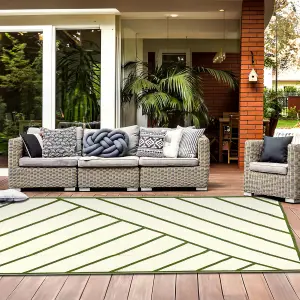 Extra Large Garden Outdoor Rug For Patio, Olive Green & Cream Geo-Lines  Waterproof Garden Rug 180 x 270cm