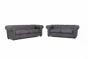 Astor Chesterfield Style Sofa Set 3+2 Seater Armchair Grey Faux Leather (3+2 Seater)