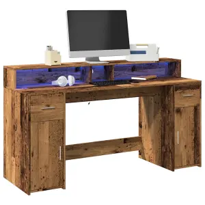 Berkfield Desk with LED Lights Old Wood 160x55x91 cm Engineered Wood