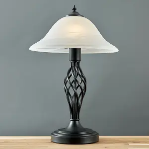 ValueLights Memphis Satin Black Barley Twist Table Lamp with Frosted Alabaster Shade - Complete with 6w LED Bulb In Warm White