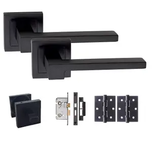 1 Set of Zeta Door Handles Set On Square Rose Matte Black Finish Complete Bathroom Set with Ball Bearing Hinges - GG