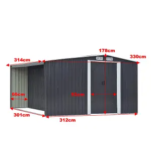 10 x 8 ft Metal Shed Garden Storage Shed Apex Roof Double Door with 9.8 x 2.1 ft Outdoor Log Storage Store,Black