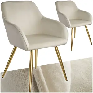 Chair Marilyn - with armrests, padded, velvet look, golden steel legs - cream/gold