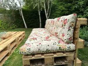 Pallet Cushion Set Garden Outdoor EURO 4 Sofa Floral Cream Tufted Seat Back Pads