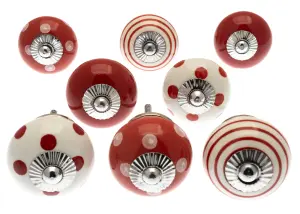 MangoTreeKnobs - Mixed Set of 8 Red & White Spots and Stripes Ceramic Cupboard Knobs / door knobs / drawer knobs by MangoTreeKnobs